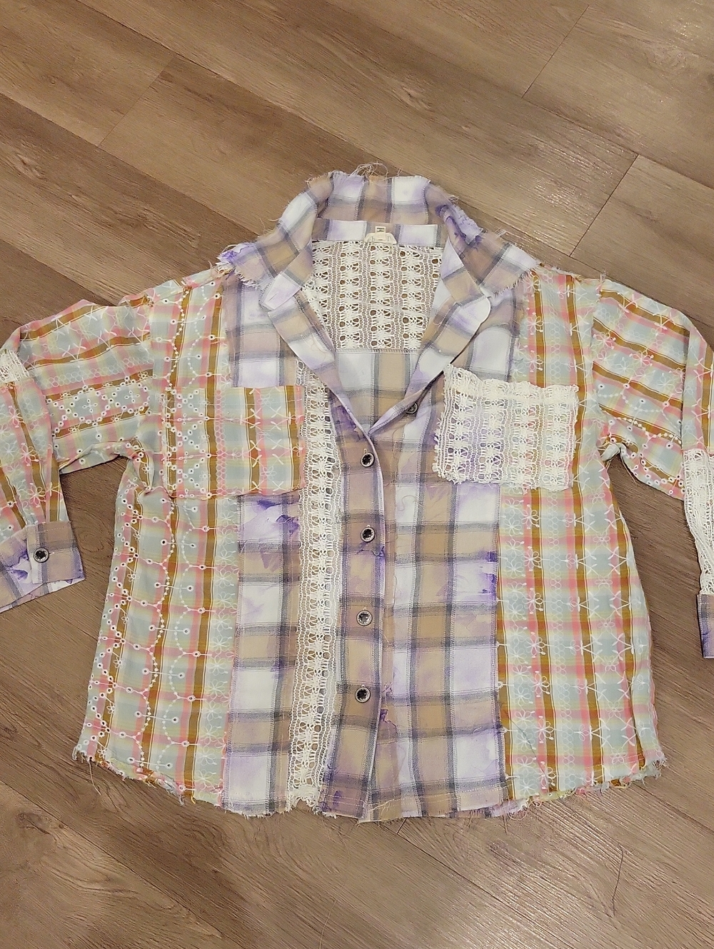 Pol Distressed Fringe Multi Pattern Button Up Shirt With Lace Accents